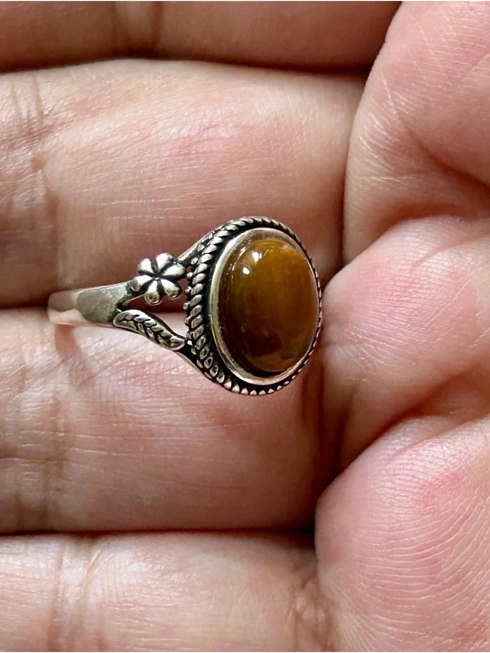 Sterling Silver S925 Ring with Tiger's Eye Crystal Stone Size 7 Woman’s floral